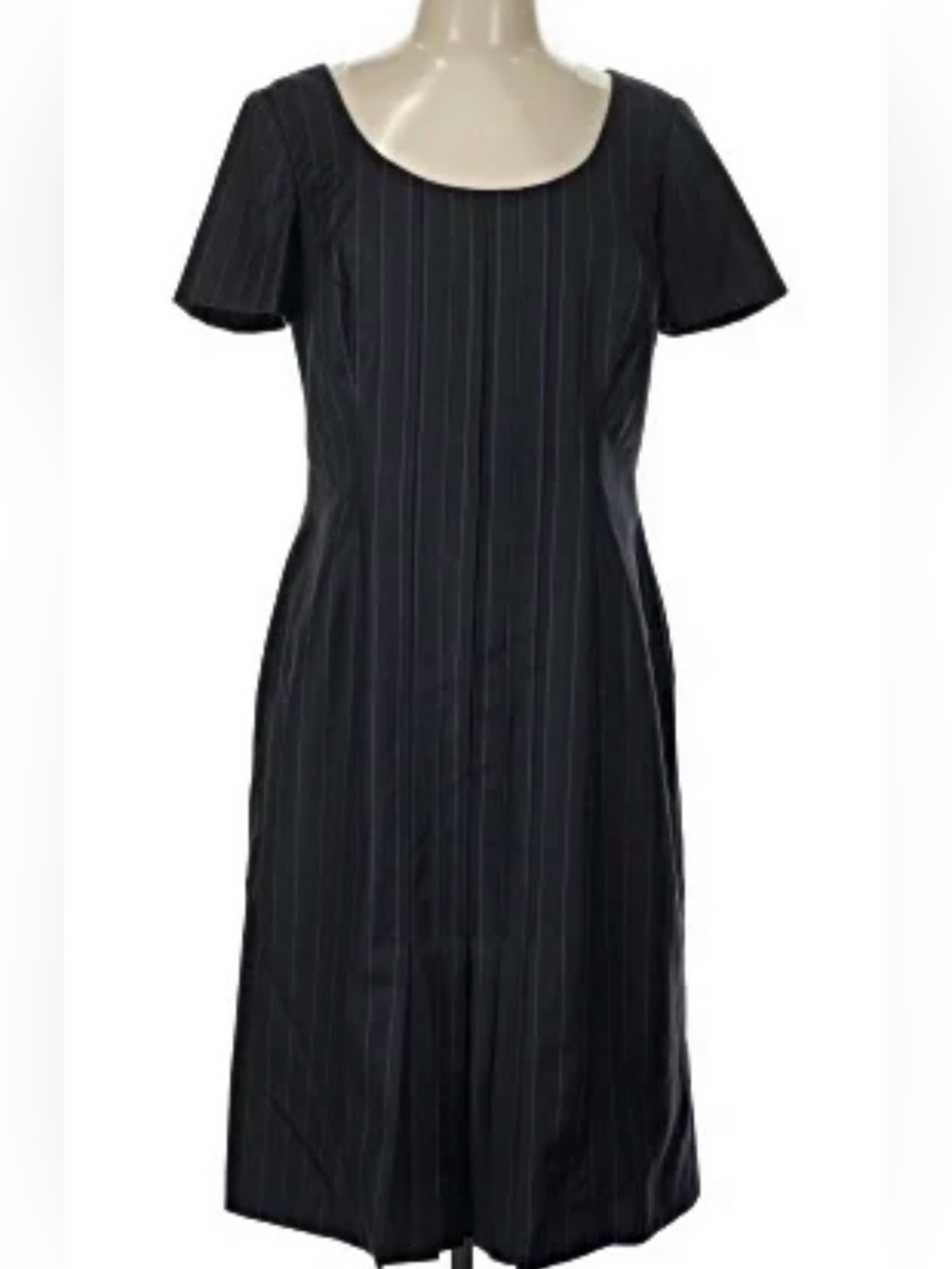 Carolina Herrera Navy Belted Scoop Neck Midi with Lavender Pinstripes
